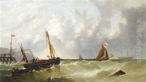 Fishermen At Work Off A Jetty In A Heavy Swell Oil Painting by James E. Meadows