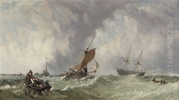 Fishing Boats Off A Jetty On A Squall Oil Painting by James E. Meadows