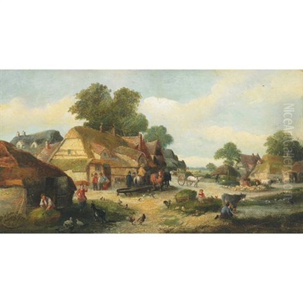 Busy Day With Haywagon (+ Feeding Time In The Village; Pair) Oil Painting by James E. Meadows