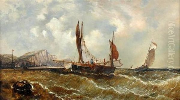 Fishing Boats Off The White Cliffs Of Dover Oil Painting by James E. Meadows