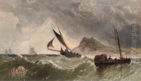 Fishing Boats Off A Fortified Island (lindisfarne?) Oil Painting by James E. Meadows