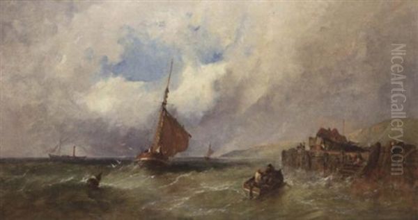 Shipping Off A Pier Oil Painting by James E. Meadows