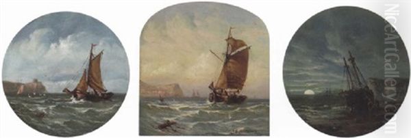 A Fishing Boat In Coastal Waters Oil Painting by James E. Meadows