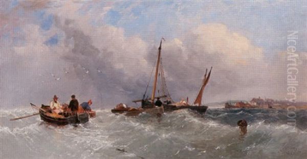 Fishing Boats Off The Essex Coast Oil Painting by James E. Meadows