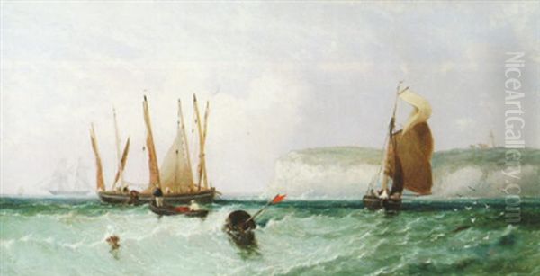 Herring Boats Off Flamborough Head Oil Painting by James E. Meadows