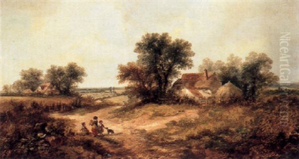 Harvesters Before A Cottage In An Extensive Summer Landscape Oil Painting by James E. Meadows