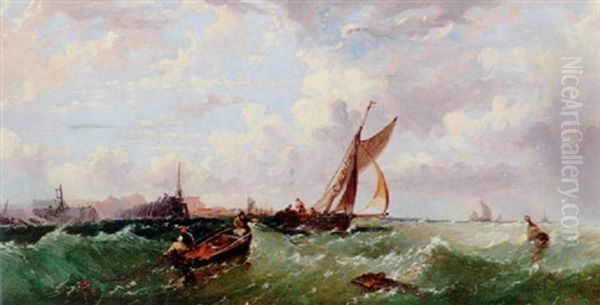 Barges In A Heavy Swell Oil Painting by James E. Meadows