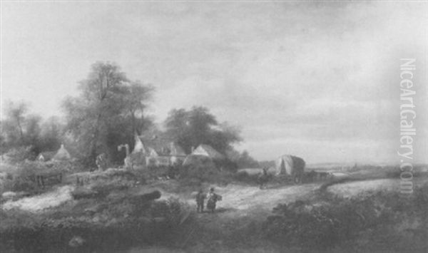 Rural Landsccape With Farmers And Haywagon Oil Painting by James E. Meadows