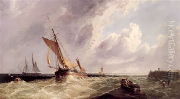 Fishing Boat In Choppy Seas Oil Painting by James E. Meadows