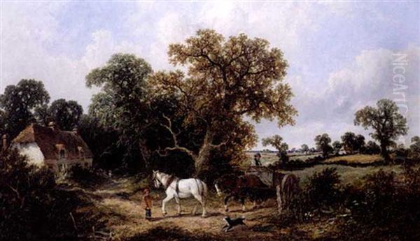 A Horse-drawn Cart Near A Cottage Oil Painting by James E. Meadows