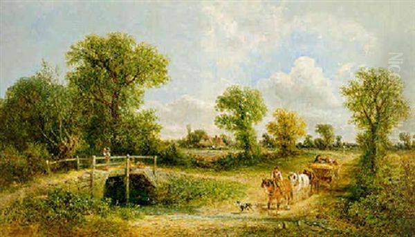 A Horse-drawn Wagon Fording A Stream Oil Painting by James E. Meadows