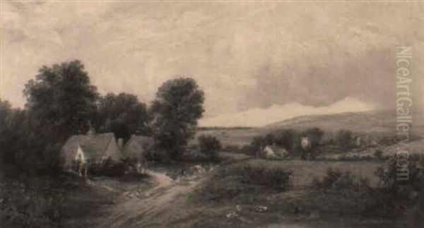 A Rural Landscape With A Drover On A Track Before Cottages Oil Painting by James E. Meadows