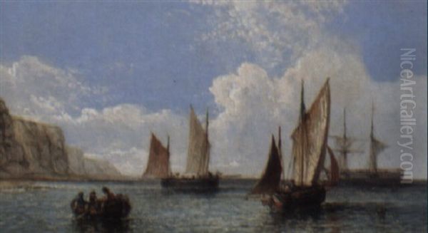 Rye Fishing Boats Off The White Cliffs Oil Painting by James E. Meadows