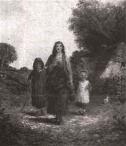 Mother And Children On Village Path Oil Painting by James E. Meadows