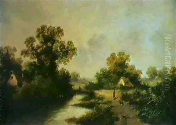 Figure And Dog Before A Cottage In A Wooded River Landscape Oil Painting by James E. Meadows