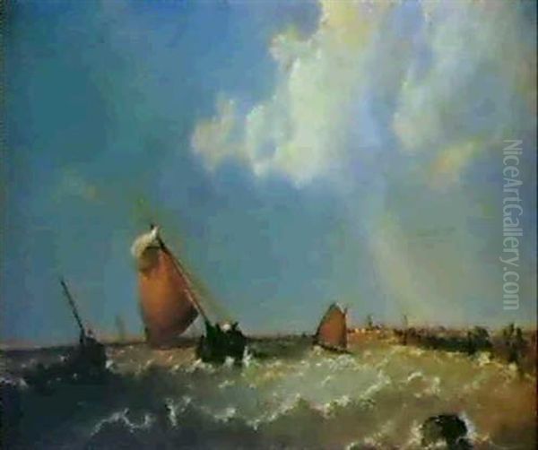 Fishing Smacks In An Onshore Breeze Oil Painting by James E. Meadows