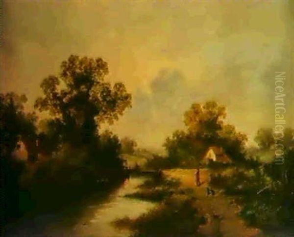 Figure And Dog Before Cottage In A Wooded River Landscape Oil Painting by James E. Meadows