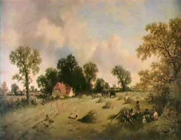 Haymaking In Hampshire Oil Painting by James E. Meadows