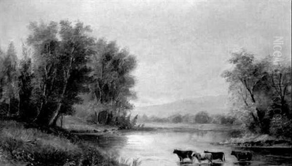 Cows Watering In A River Oil Painting by Joseph Kenny Meadows