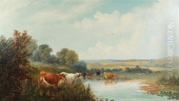 Watering Cows Oil Painting by William Meadows