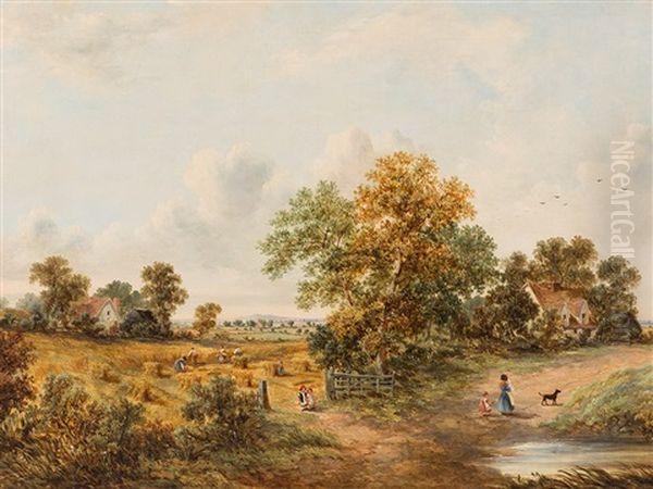 Village At The Wheat Harvest, England Oil Painting by William Meadows