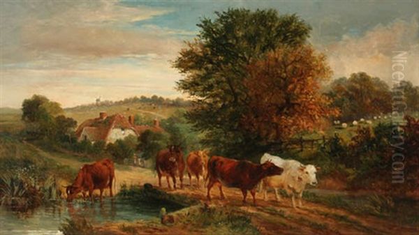 Cows Fording A Stream Oil Painting by William Meadows