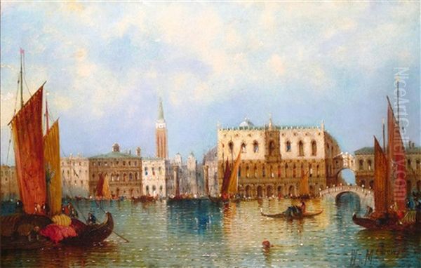 Gondolas On The Canal, Venice Oil Painting by William Meadows