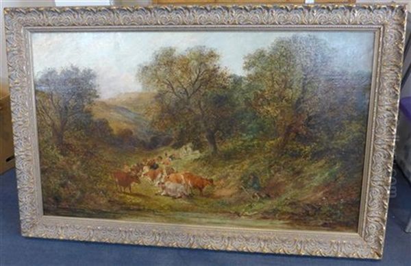 Cattle In A Wooded Valley Oil Painting by William Meadows