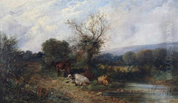 Landschaft Mit An Einer Furt Lagernden Kuhen Oil Painting by William Meadows