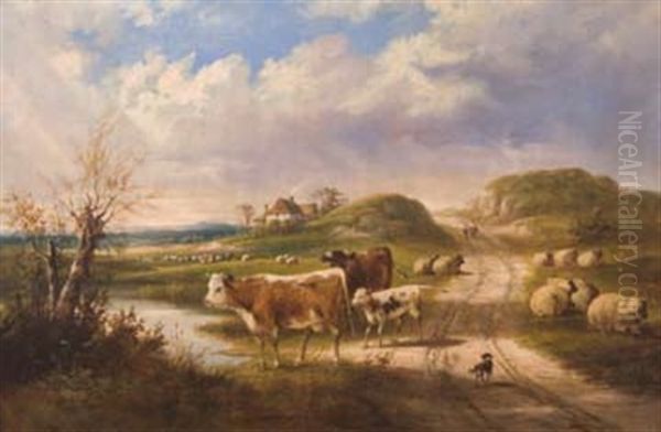 Pastoral Scene With Cows Beside Watering Hole Oil Painting by William Meadows