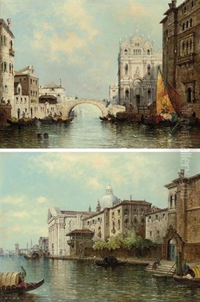 A Venetian Capriccio (+ Gondolas On A Canal; Pair) Oil Painting by William Meadows