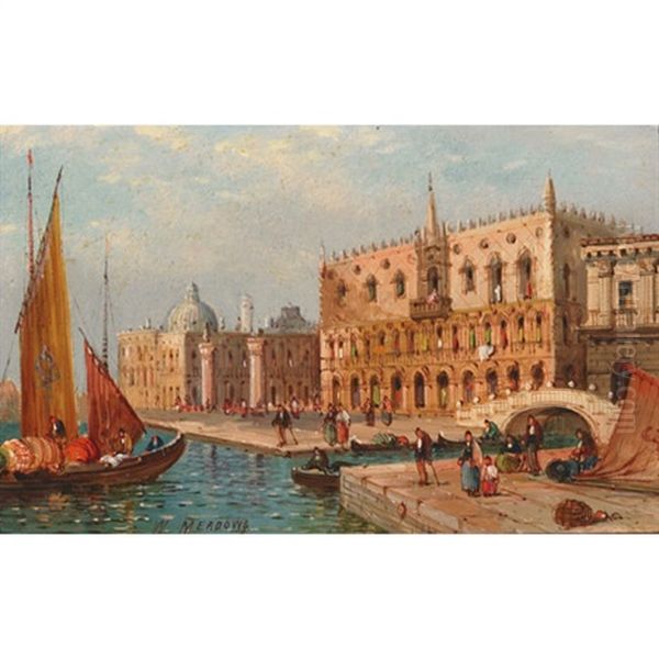 Busy Harbour, Piazetta San Marco (+ On The Grand Canal, Venice; Pair) Oil Painting by William Meadows