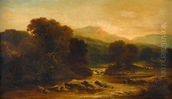 A Shepherd And His Flock In A River Landscape Oil Painting by William Meadows