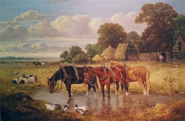 Farmyard Scene With Horses Wading In A Cooling Hole Oil Painting by William Meadows