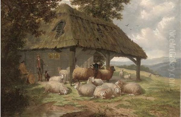 Shepherds And Their Flock, Resting Beneath A Shelter Oil Painting by William Meadows