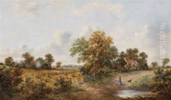 Weite Landschaft Mit Bauern Bei Der Getreideernte Vor Dem Dorf Oil Painting by William Meadows