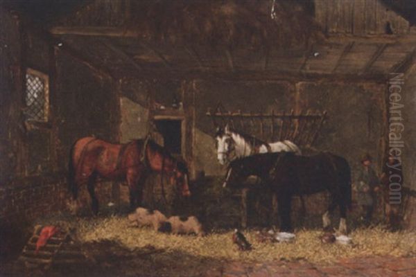 Cart Horses In A Stable Oil Painting by William Meadows