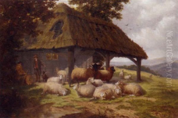 Shepherds With Their Flock Before A Barn Oil Painting by William Meadows