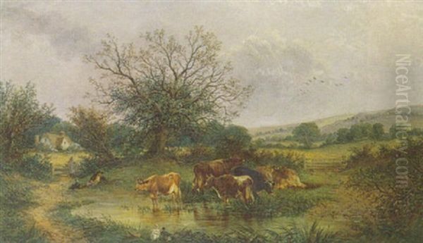 A View In Surrey, Cattle Watering At A Pond Oil Painting by William Meadows