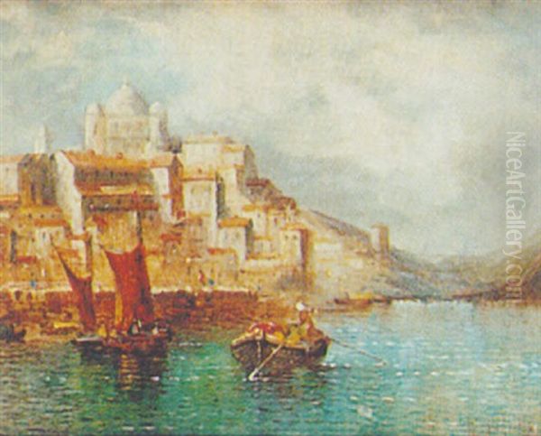 Barges Before A Continental Town Oil Painting by William Meadows