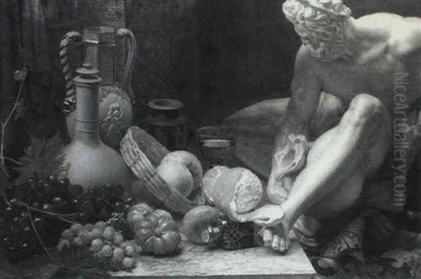 Still Life Of Fruit, Flagons And Glasses On A Ledge, A Statue And Rug Beside Oil Painting by Henry Measham