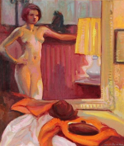 Model Standing In Front Of Mirror Oil Painting by Andre Meaux-Saint-Marc