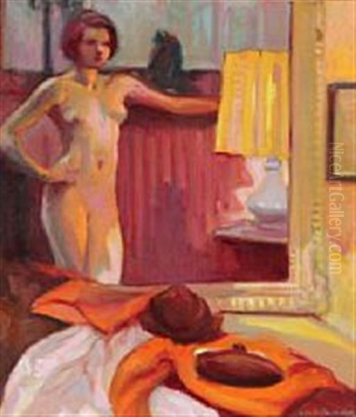 Model Standing In Front Of Mirror Oil Painting by Andre Meaux-Saint-Marc