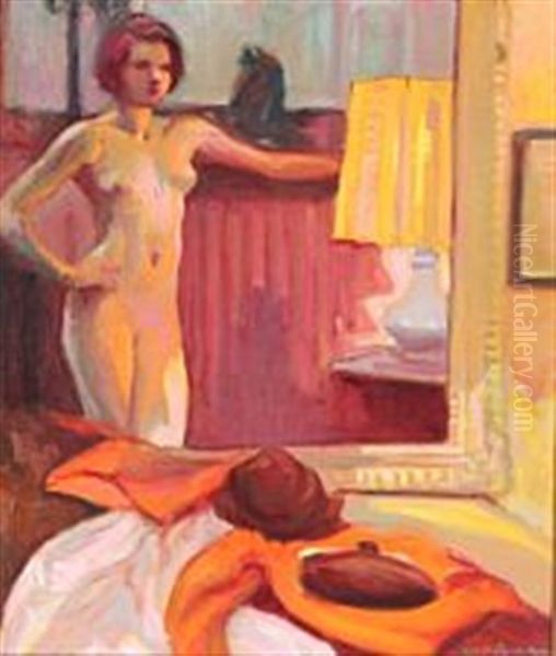 Model Standing In Front Of Mirror Oil Painting by Andre Meaux-Saint-Marc