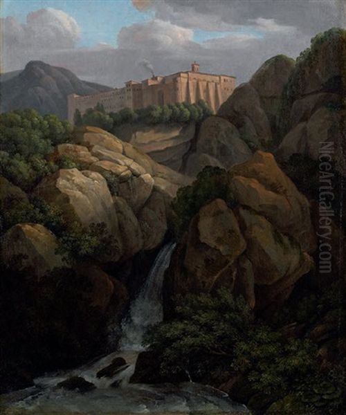 Der Wasserfall Vor Dem Kloster Santa Scholastica Bei Subiaco Oil Painting by Jacob Wilhelm Mechau