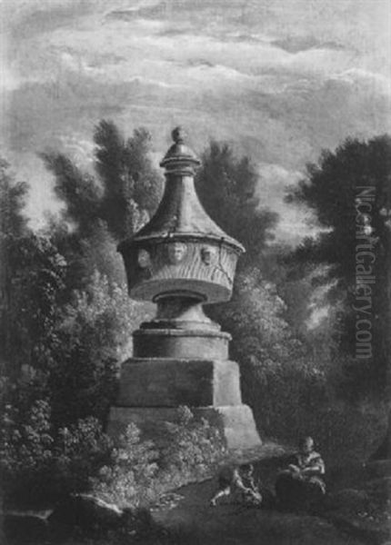 Bewaldete Landschaft Mit Einem Monument Und Figurenstaffage by Jacob Wilhelm Mechau