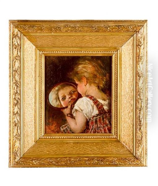 Young Girl Looking Herself On A Mirror Oil Painting by Hedwig Mechle-Grossmann