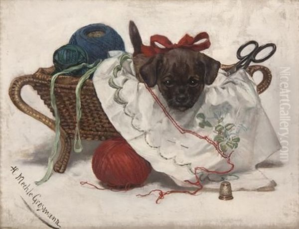 Puppy In A Basket Oil Painting by Hedwig Mechle-Grossmann