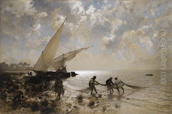 Fishermen On Lake Mariout, Egypt Oil Painting by Adolf von Meckel