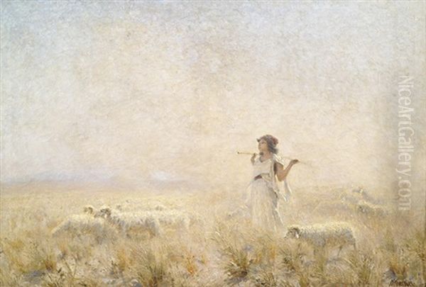 Allegretto Pastorale. Junge Schafhirtin Mit Ihrer Herde Oil Painting by Adolf von Meckel